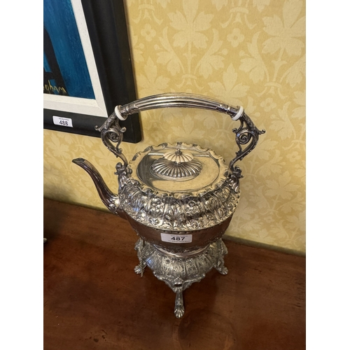 487 - 19th C. Etched silver plate kettle on stand. {40 cm H x 25 cm W x 15 cm D}