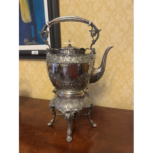 487 - 19th C. Etched silver plate kettle on stand. {40 cm H x 25 cm W x 15 cm D}