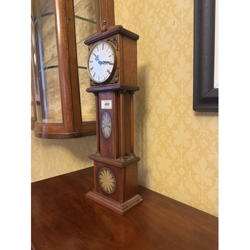 489 - Mahogany miniature long cased clock. {86  cm H x 15 cm W x 8 cm D}.