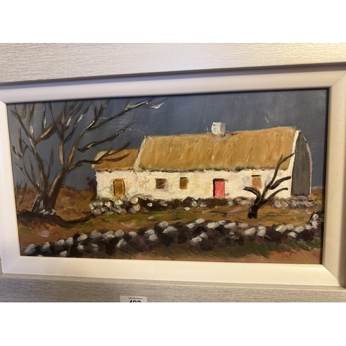 492 - Jackie Stewart. Cottage scene Oil on Board . {40 cm H x 60 cm W}.