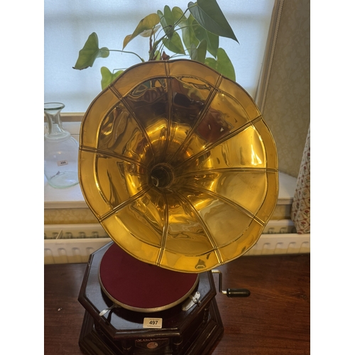 497 - Mahogany gramaphone with brass horn.