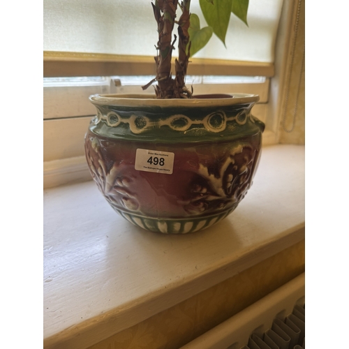 498 - Edwardian hand painted jardiniere and plant. {18 cm H x 23 cm Dia.}.