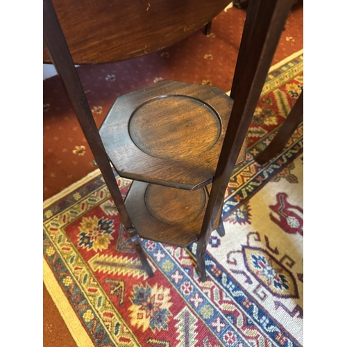 500 - Edwardian mahogany three tiered folding cake stand. {89 cm H x 28 cm W x 27 cm D}.