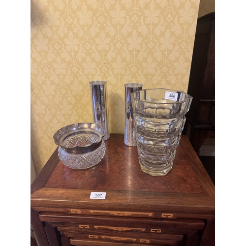 506 - Cut crystal silver plate bowl, vase and  two decorative vases. {23 cm H x to 9 cm H