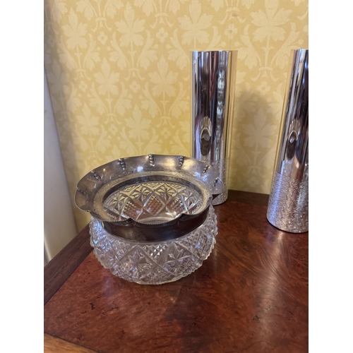 506 - Cut crystal silver plate bowl, vase and  two decorative vases. {23 cm H x to 9 cm H