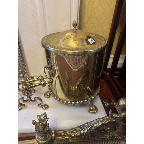 509 - 20th C. embossed lidded brass coal bucket {40cm  H  x 31cm Dia.}.