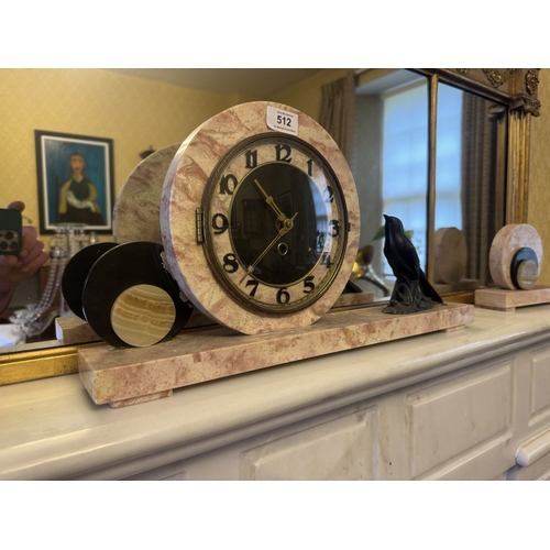 512 - Art Deco marble thgree piece clock garniture set. Clock {26 cm H x 48 cm W x 8 cm D} and side pieces... 