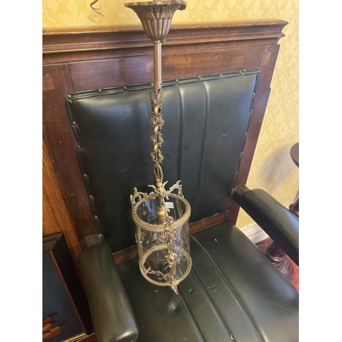 527 - 1950's gilded brass and glass hanging hall lantern. {73 cm H x 16 cm Dia.}.