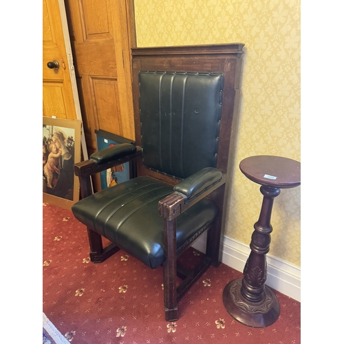 528 - 1950's mahogany and leather upholstered throne chair. {118 cm H x 64 cm W x 56 cm D}.