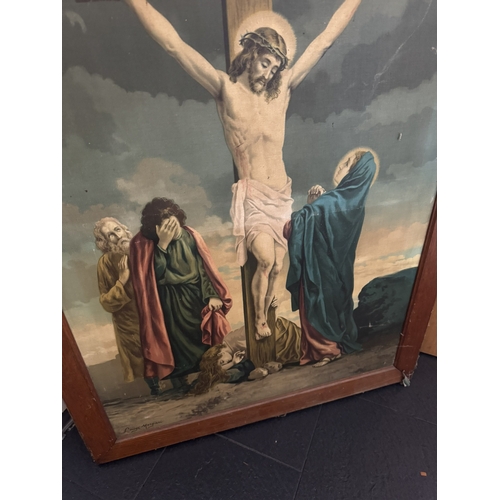 533 - Olegraph depicting the Crucifiction mounted on oak framed. {110 cm H x 80 cm D}