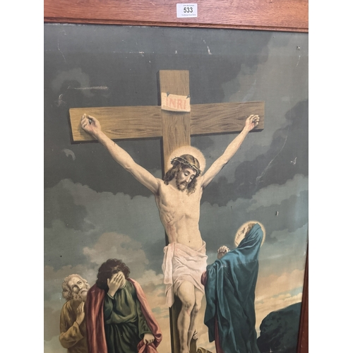 533 - Olegraph depicting the Crucifiction mounted on oak framed. {110 cm H x 80 cm D}