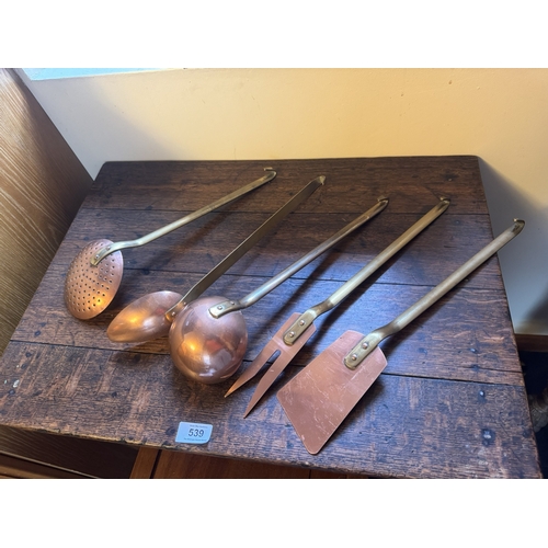 541 - Edwardian French set of copper and brass kitchen utensils. {40 cm L}