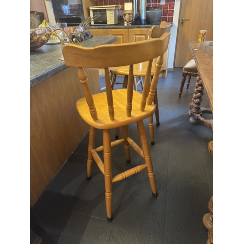 549 - Set of three high counter stools. {103 cm H x 40 cm W x 40 cm D}.