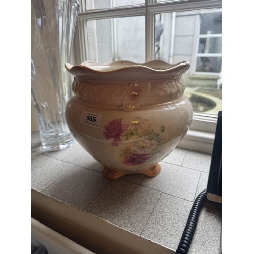 555 - Early 20th C ceramic jardiniere {22 cm h x 26 cm Dia} and glass vase {36 cm H x 20 cm Dia}.