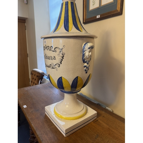 559 - Large ceramic lidded urn. {85 cm H x 51 cm Dia}.