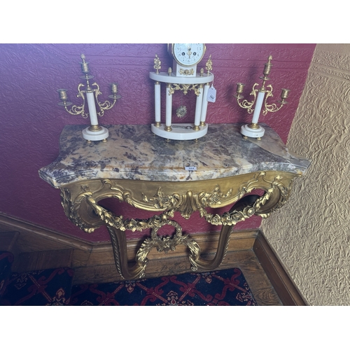 564 - 19th. C. gilt console table, the frieze decorated with foliage and with marble top. { 90cm H X 95cm ... 