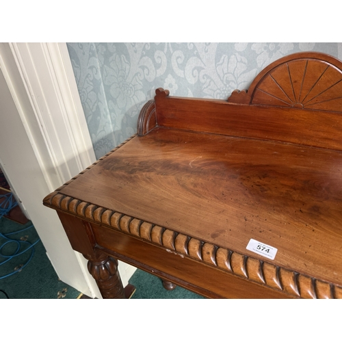 574 - 19th. C. carved mahogany side table with gallery back, raised on turned legs. { 101cm H X 84cm W X 4... 