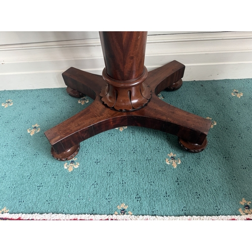 576 - Will. IV. Mahogany turn over leaf tea table, raised on tapered column decorated with acanthus leaves... 