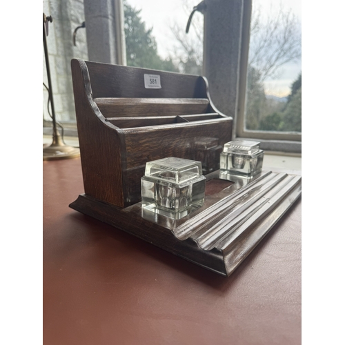 581 - Early 20th. C. mahogany desk set with two cut glass ink wells. { 20cm H X 32cm W X 25cnm D }.