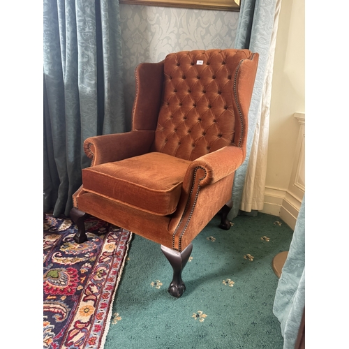 586 - 20th. C. upholstered wing backed chair raised on claw and ball feet. { 102cm H X 74cm W X 64cm D }.