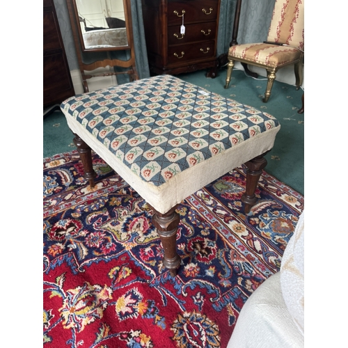 601 - 19th. C. upholstered mahogany stool, raised on turned legs. { 42cm H X 61cm W X 51cm D }.