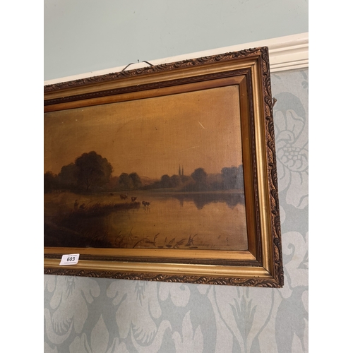 603 - 19th. C. Cattle by the Lake. Oleograph, mounted in a gilt frame. { 39cm H X 55cm W }.