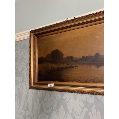 603 - 19th. C. Cattle by the Lake. Oleograph, mounted in a gilt frame. { 39cm H X 55cm W }.