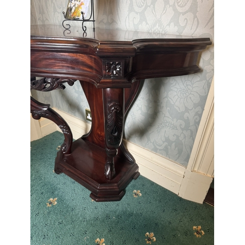 613 - 19th. C. mahogany console table the shaped top above two scrolled supports and platform base. { 80cm... 