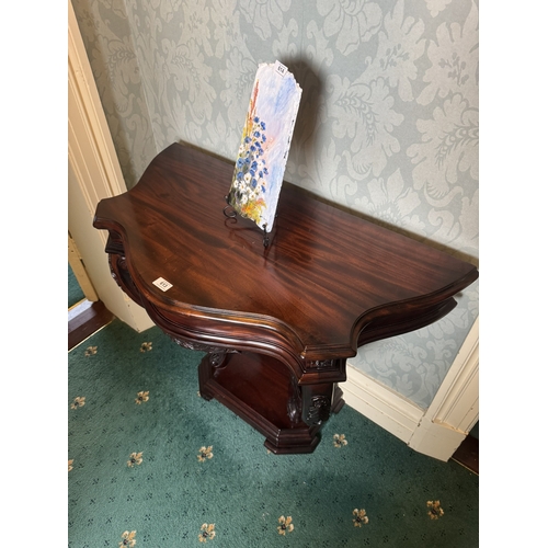 613 - 19th. C. mahogany console table the shaped top above two scrolled supports and platform base. { 80cm... 