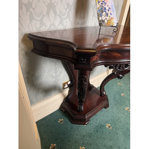 613 - 19th. C. mahogany console table the shaped top above two scrolled supports and platform base. { 80cm... 