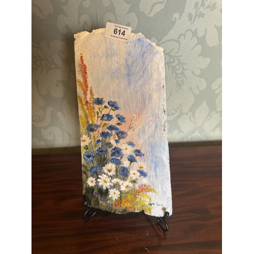 614 - Lynn Kirwin Flowers Oil on slate, mounted on stand. { 37cm H X 16cm W }.