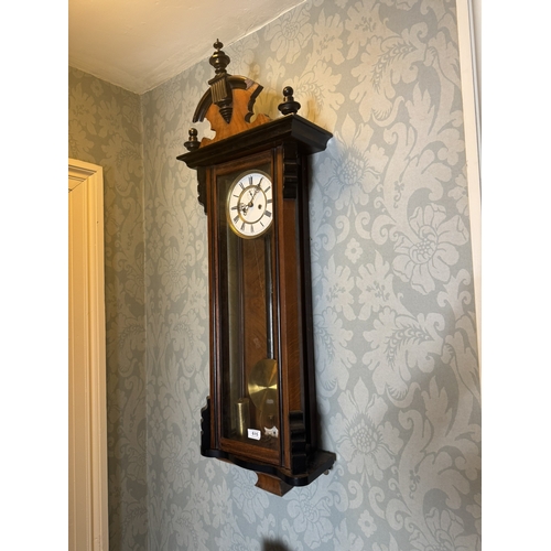 615 - 19th. C. mahogany double weighted Vienna wall clock. { 112cm H X 40cm W X 15cm D }.