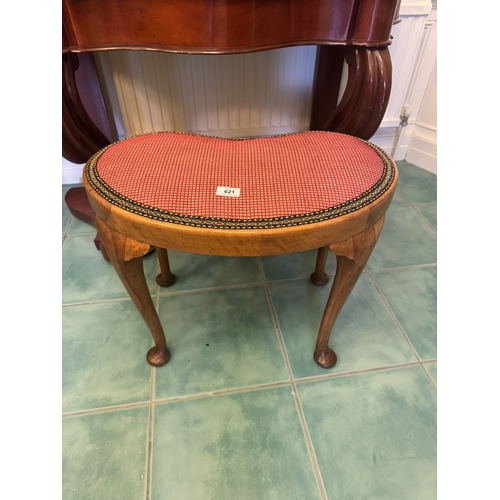 621 - 1930's upholstered walnut dressing stool, raised on Queen Anne legs. { 46cm H X 60cm 37cm D }.