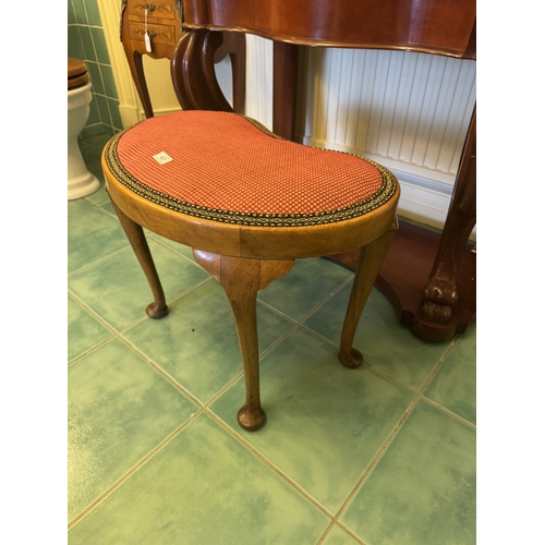 621 - 1930's upholstered walnut dressing stool, raised on Queen Anne legs. { 46cm H X 60cm 37cm D }.