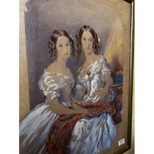 631 - 19th C. Portrait of Two Ladies Watercolour after Richard Joseph mounted in gilt frame {66 cm H x 54 ... 