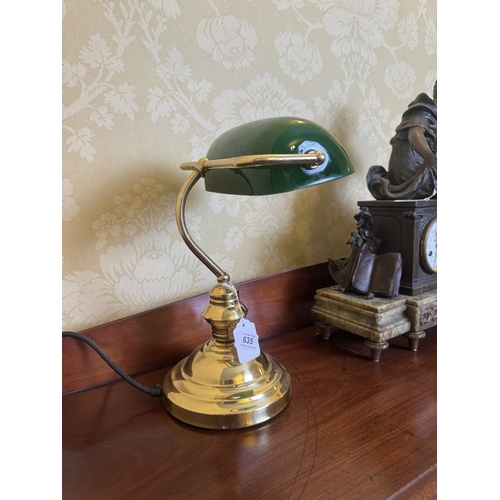 635 - 20th. C. brassbanker's desk lamp with green glass shade. { 36cm H X 25cm W X 21cm D }.