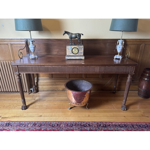 64 - Irish Georgian mahogany Cork server, with gallery back reeded apron, raised on turned reeded tapered... 