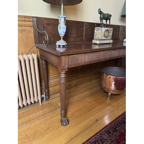 64 - Irish Georgian mahogany Cork server, with gallery back reeded apron, raised on turned reeded tapered... 