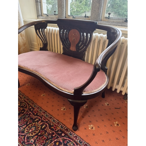 642 - Late 19th. C. walnut inlaid with Mother of Pearl two seater window seat with upholstered cushion, ra... 