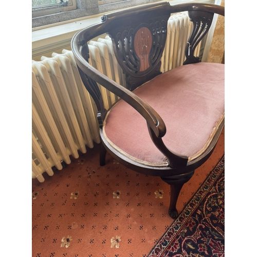 642 - Late 19th. C. walnut inlaid with Mother of Pearl two seater window seat with upholstered cushion, ra... 