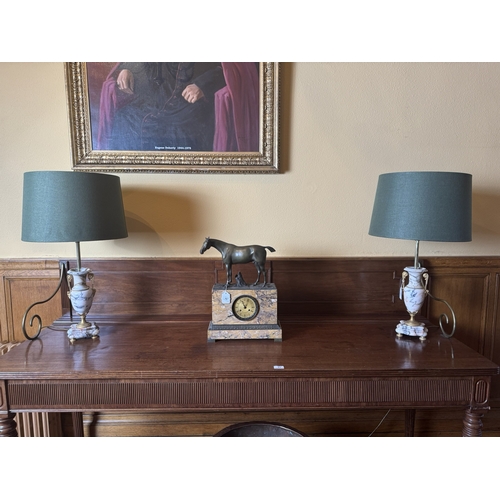 65 - Pair of gilded brass and marble table lamps, with cloth shades. { 76cm H, Shades 42cm Dia. }.