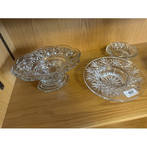 657 - Four pieces of mouled glass - two ashtrays, vase and rose bowl. { 11cm H X 17cm W X 23cm D & 3cm H X... 