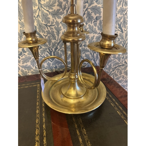 678 - Good quality  brass three branch table lamp with original shade. { 59cm H X 37cm Dia }.