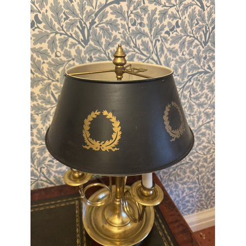 678 - Good quality  brass three branch table lamp with original shade. { 59cm H X 37cm Dia }.