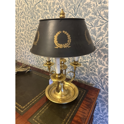 678 - Good quality  brass three branch table lamp with original shade. { 59cm H X 37cm Dia }.