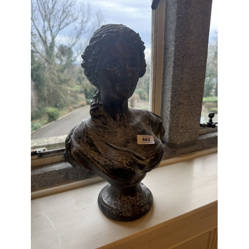 682 - Bronzed bust of a Lady. { 43cm H X 25cm W X 14cm D }.