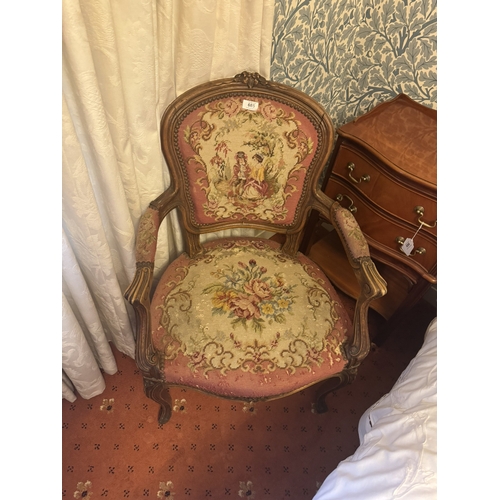 685 - 19th. C. walnut open armchair with original tapestry upholstery, raised on cabriole klegs. { 89cm H ... 