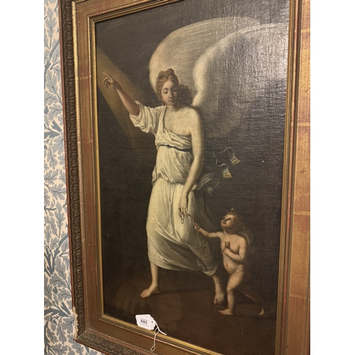 692 - Angel Gabriel Oil on Canvas, mounted in a gilt frame. { 87cm H X 57cm W }.