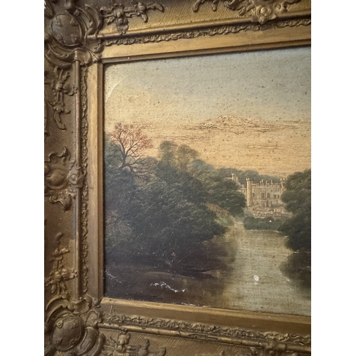 694 - 19th. C. Castle in the Distance framed Oil on Canvas. { 45cm H X 56cm W }.