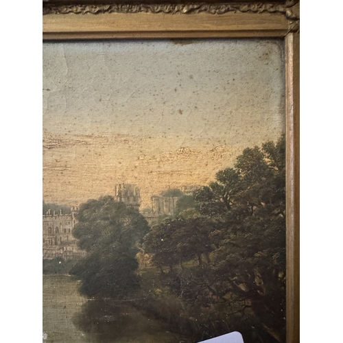 694 - 19th. C. Castle in the Distance framed Oil on Canvas. { 45cm H X 56cm W }.